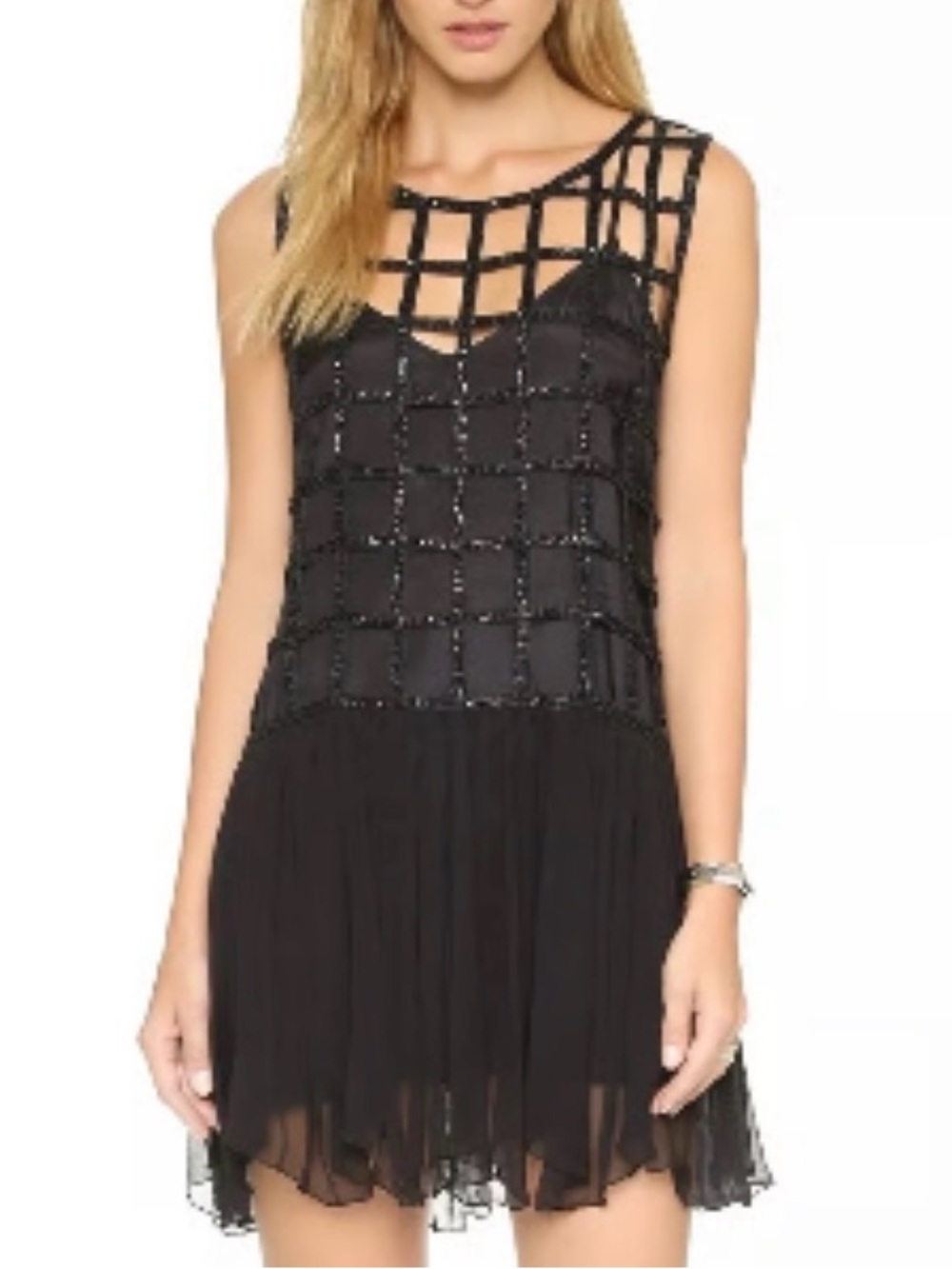 Free People Caged Sequin Shell Drop Waist Dress Black Boho Flapper Mini Small S